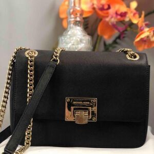 MICHAEL KORS Tina Saffiano Black Leather Chain Strap Crossbody Shoulder Bag